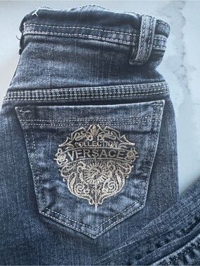 Versace Boys Dark Blue Skinny Jeans with Gold Embroidered Pocket